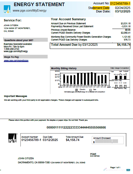 download download USA PG&E utility bill template in Word and PDF formats, version 2 PDF template PDF template